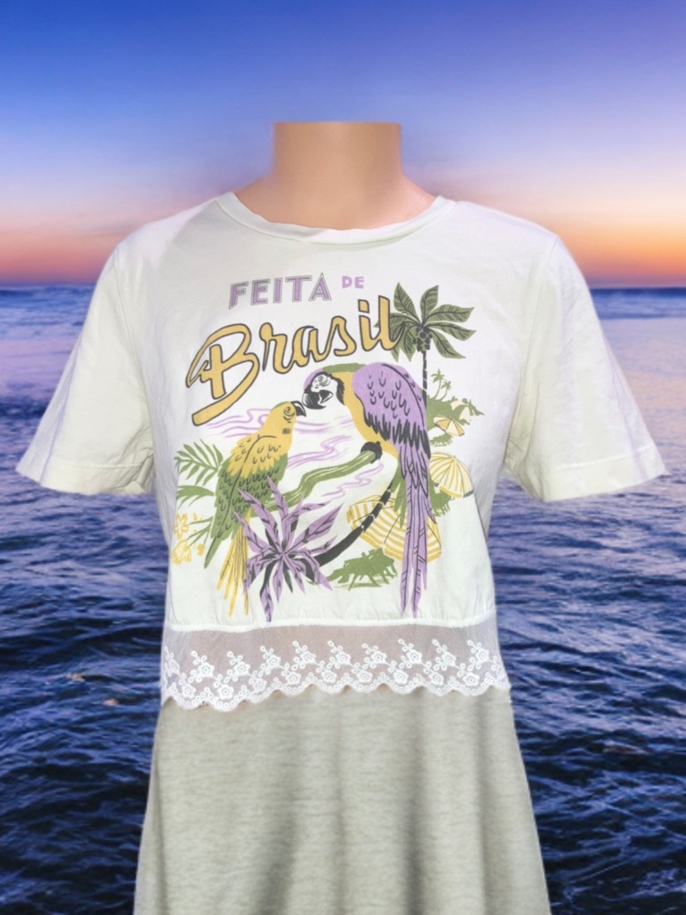 Farm Rio Feita De Brasil Toucan Parrot Graphic T-Shirt Cotton Lace Crop Top Sz S